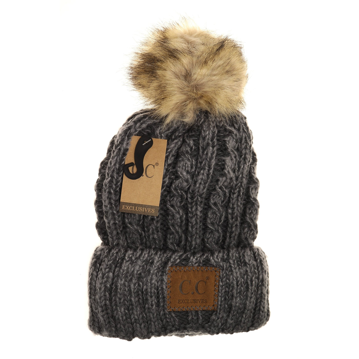 Two Toned Ombre Vintage Faux Fur Pom Beanie in Grey